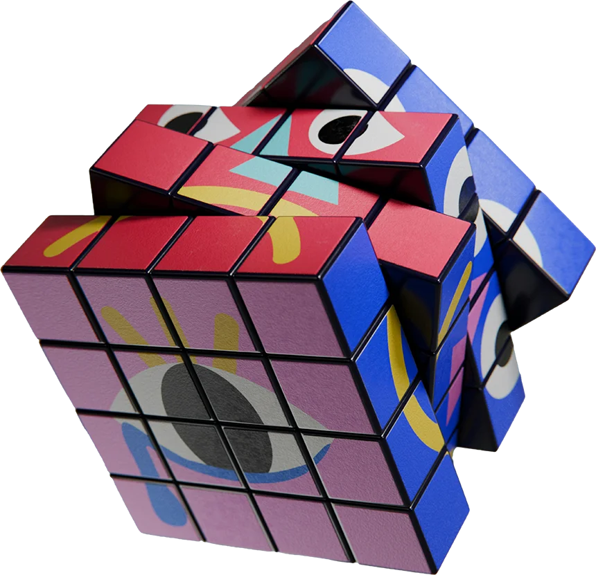 Ein gestalteter Rubik's Würfel mit kreativen Mustern.